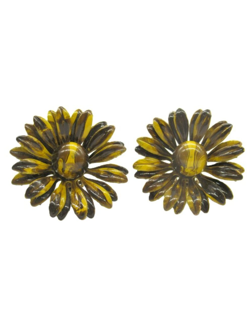 Vintage Yellow & Brown Sunflower Clip-On Earrings Enameled Metal Retro